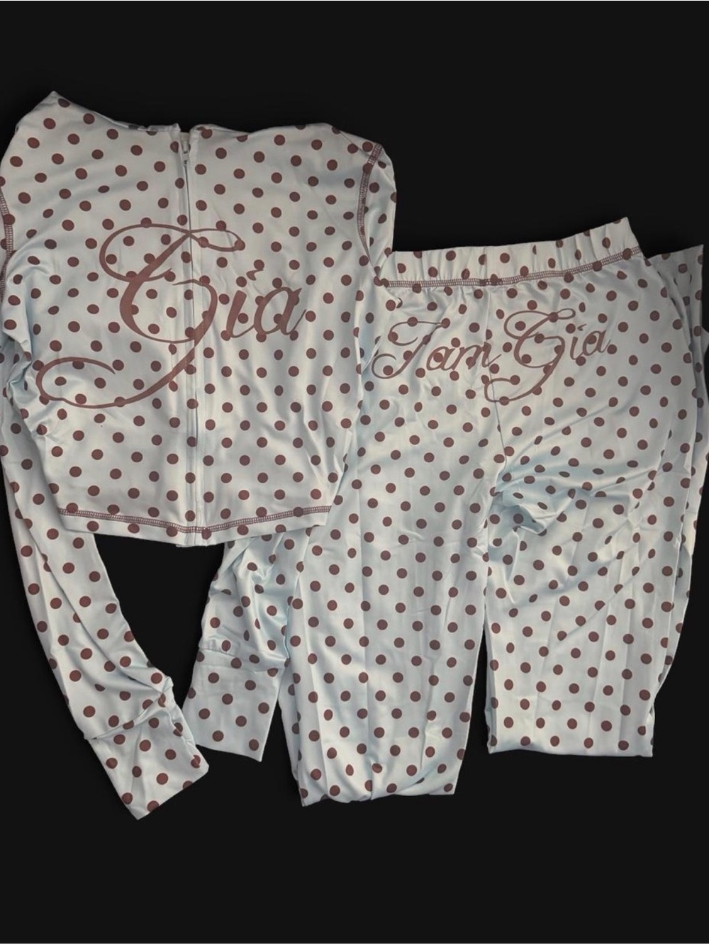I am Gia powder blue and brown polka dot Blaire set size Medium